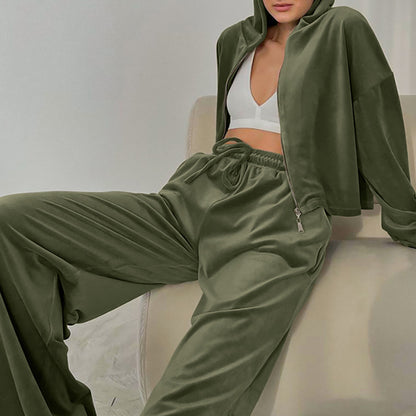 Casual Fashion Pleuch Hoodies & High Waist Pants Women Outfit Sets