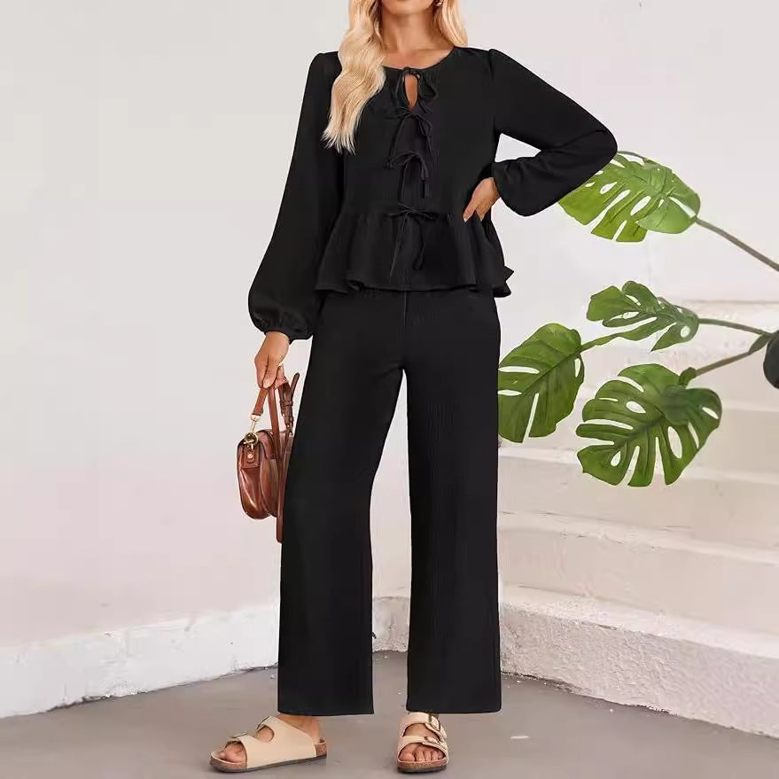 Casual Women Long Sleeves V Neck Shirts and Pants Suits