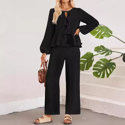 Casual Women Long Sleeves V Neck Shirts and Pants Suits