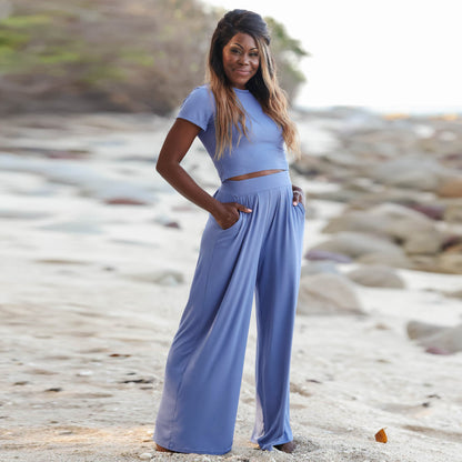 Casual Summer Short Sleeves Shirts & Wide Legs Pants for Women