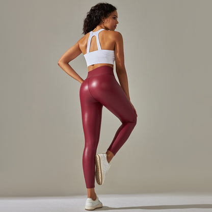 Sexy Elastic Pu High Waist Yoga Leggings