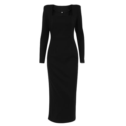 Designed Square Neckline Long Sheathe Black Dresses