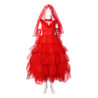 Halloween Beetle Juice Lydia Red Wedding Dress Cosplay Costume Suit