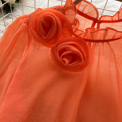 Designed 3D Flowers Chiffon Long Sleeves Shirts