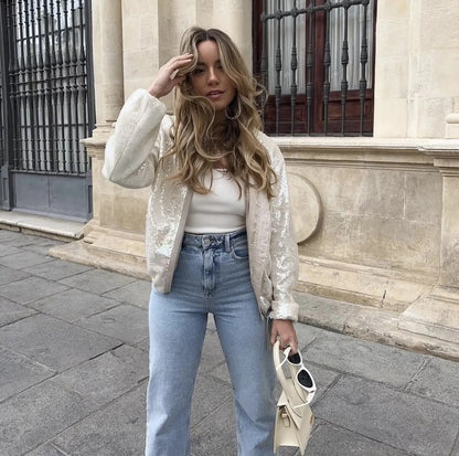 Fashion Sequined Round Neck Top Coats