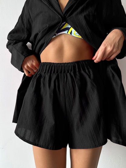 Casual Cotton Two Long Sleeves Shirts & Shorts Two Pieces Suits