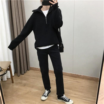 Casual Turnover Zipper Pullover Women Sweaters