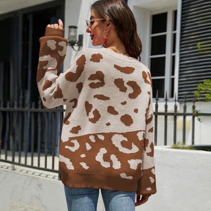 Fashion Round Neck Leopard Knitted Pullover Sweaters