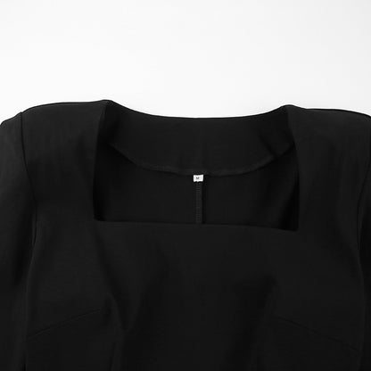 Designed Square Neckline Long Sheathe Black Dresses