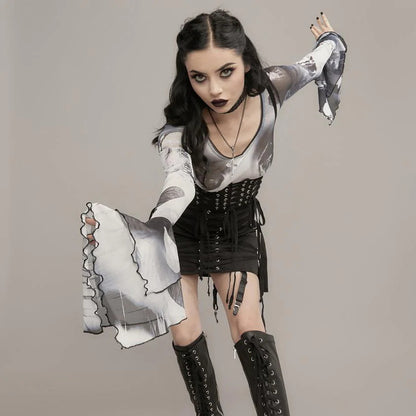 Summer Sexy Trumpet Sleeves Midriff Baring Women Shirts