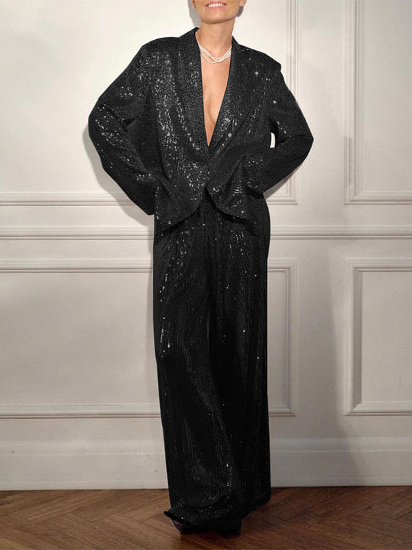 Elegant Sequined Blazers and Pants Two Pieces Sets