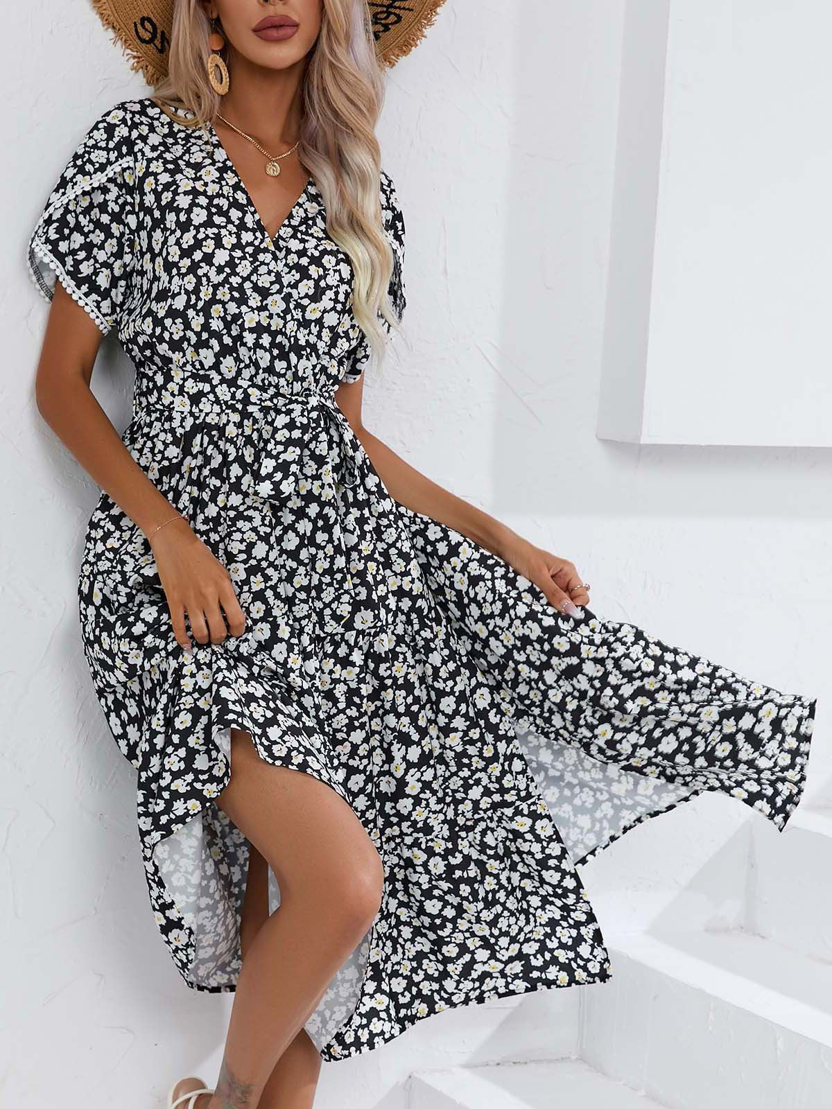 Leisure Summer V Neck Women Midi Dresses