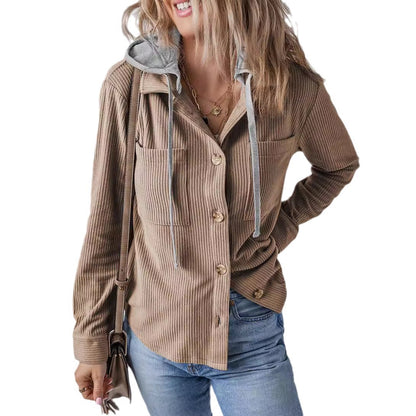Women Lapel Buckle Cardigan Hooded Pull Rope Striped Jacket Coats