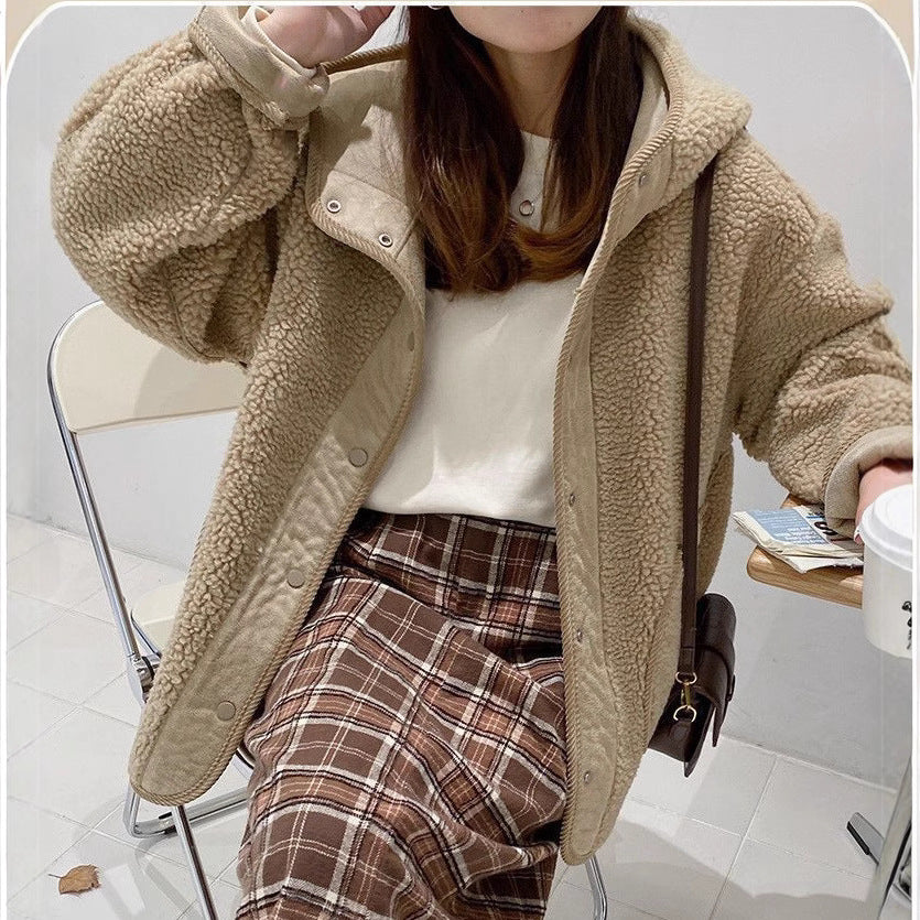 Fashion Women Lamb Wool Thickened Hooded Coats