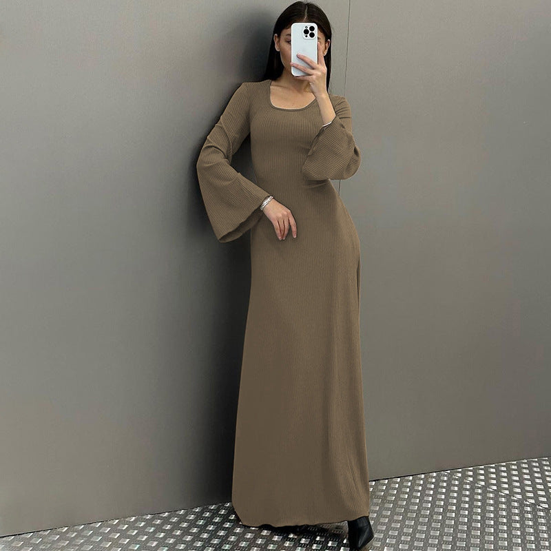 Sexy U Neck Back Lace Up Long Sleeves Dresses