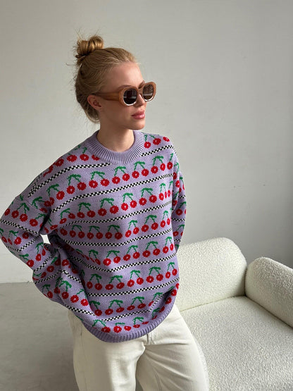 Purple Cherry Print Vintage Knitted Sweaters