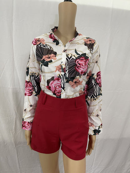 Casual Summer Stand Collar Long Sleeves Shirts and Shorts Without Belt
