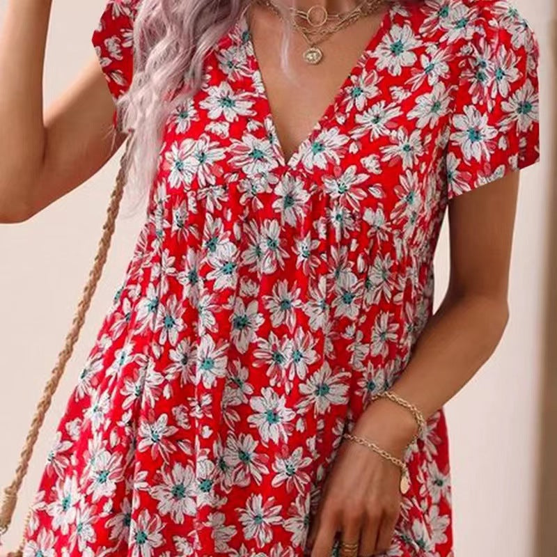Casual V Neck High Waist Short Sleeves Summer Dresses