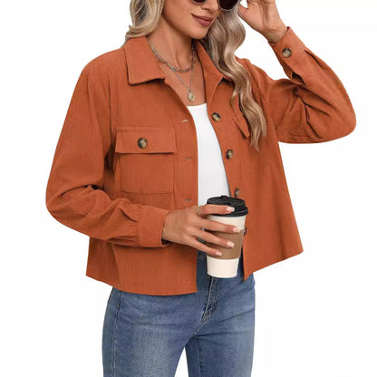 Women's Fashion Casual Short Shirt Corduroy Button-up Top Jackets