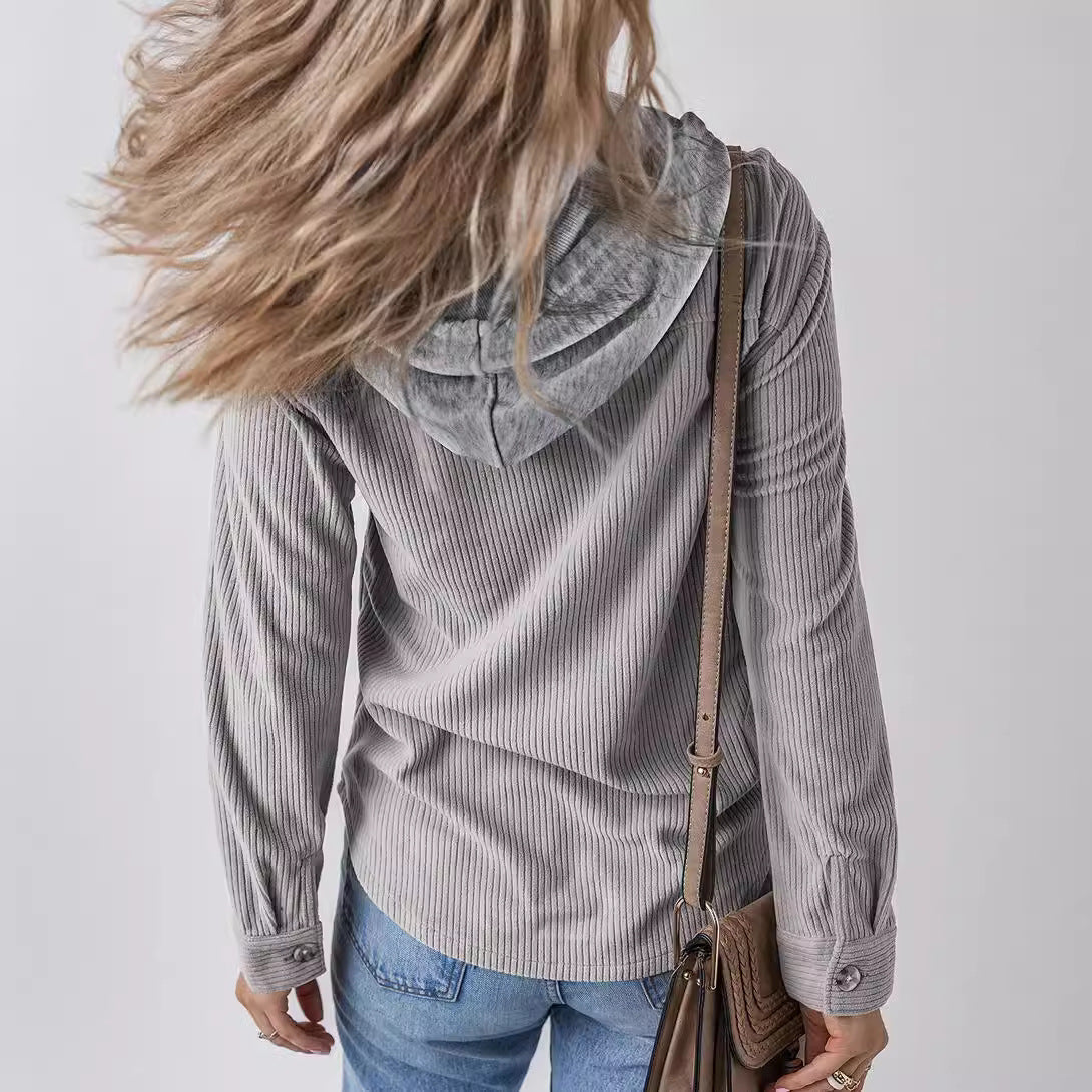 Women Lapel Buckle Cardigan Hooded Pull Rope Striped Jacket Coats