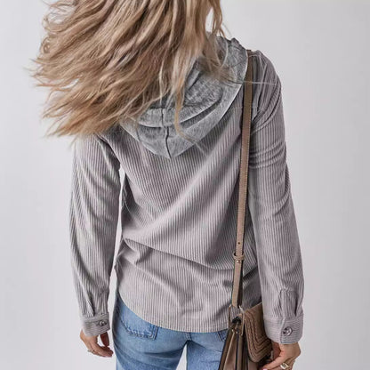 Women Lapel Buckle Cardigan Hooded Pull Rope Striped Jacket Coats