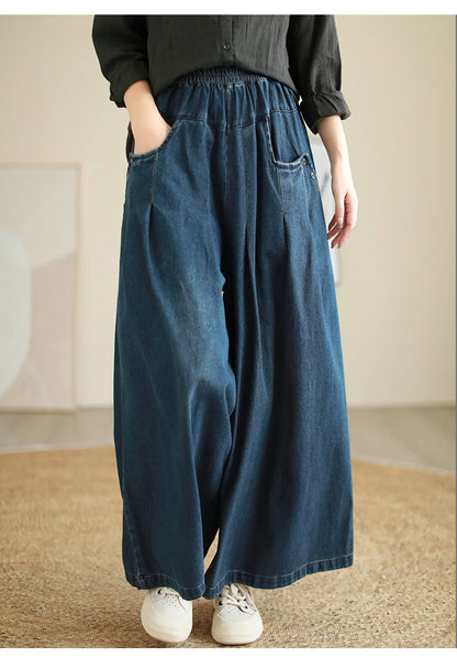 Casual Elastic Waist Fall Wide Legs Jeans for Women