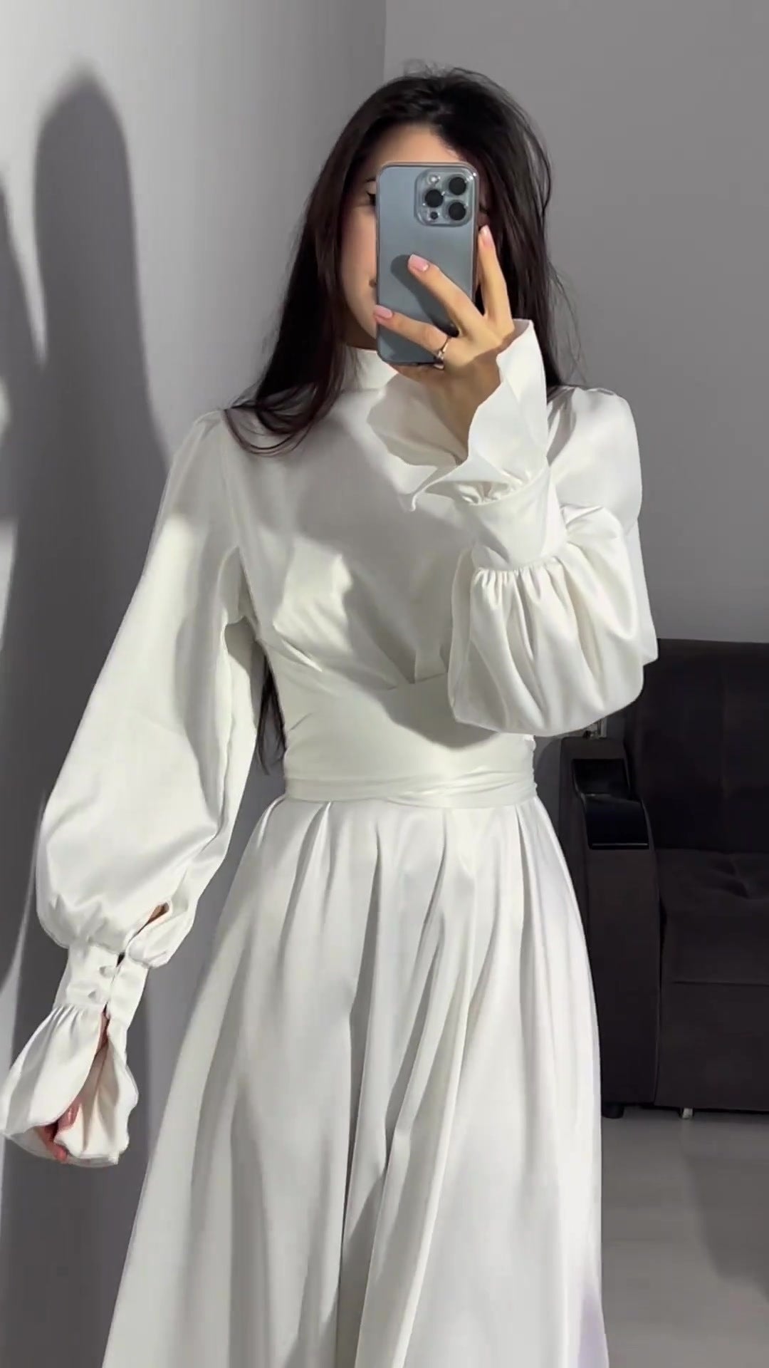 Elegant Long-sleeved Waist-tied Puff-sleeved  Women Dresses