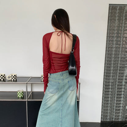 Fashion Square Neckline Tulle Long Sleeves Wine Red Summer Shirts