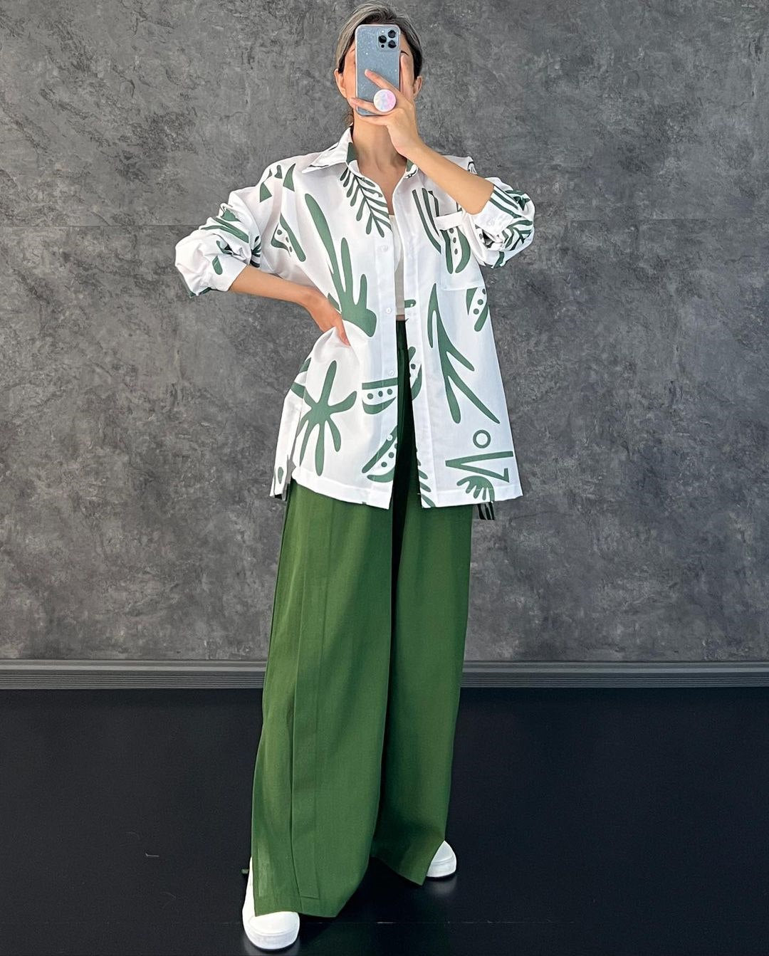 Casual Floral Print Long Sleeves Shirts & High Waist Pants