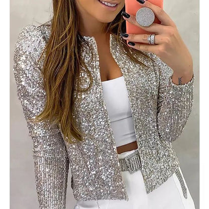 Fashion Stand Collar Sequined Short Coats for Women