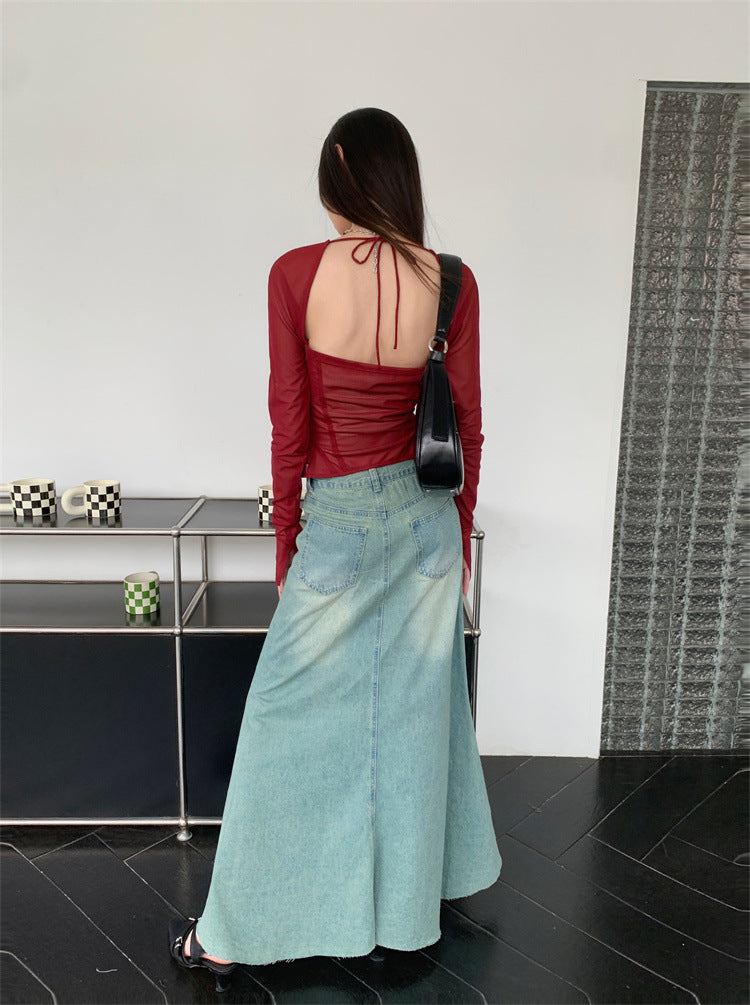 Fashion Square Neckline Tulle Long Sleeves Wine Red Summer Shirts
