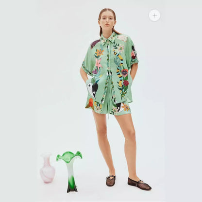 Green Linen Two Pieces Shirts and Short Pants