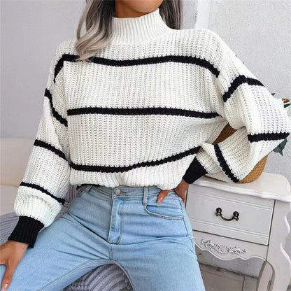 Fashion Striped High Neck Knitted Pullover Sweaters