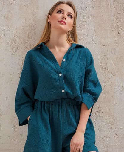 Fashion 100% Cotton Shirts & Shorts Two Pieces Sets