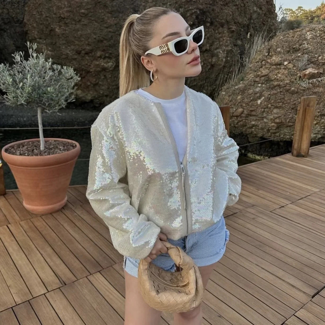 Fashion Sequined Round Neck Top Coats