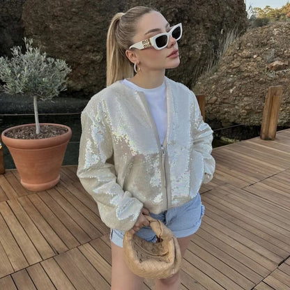 Fashion Sequined Round Neck Top Coats