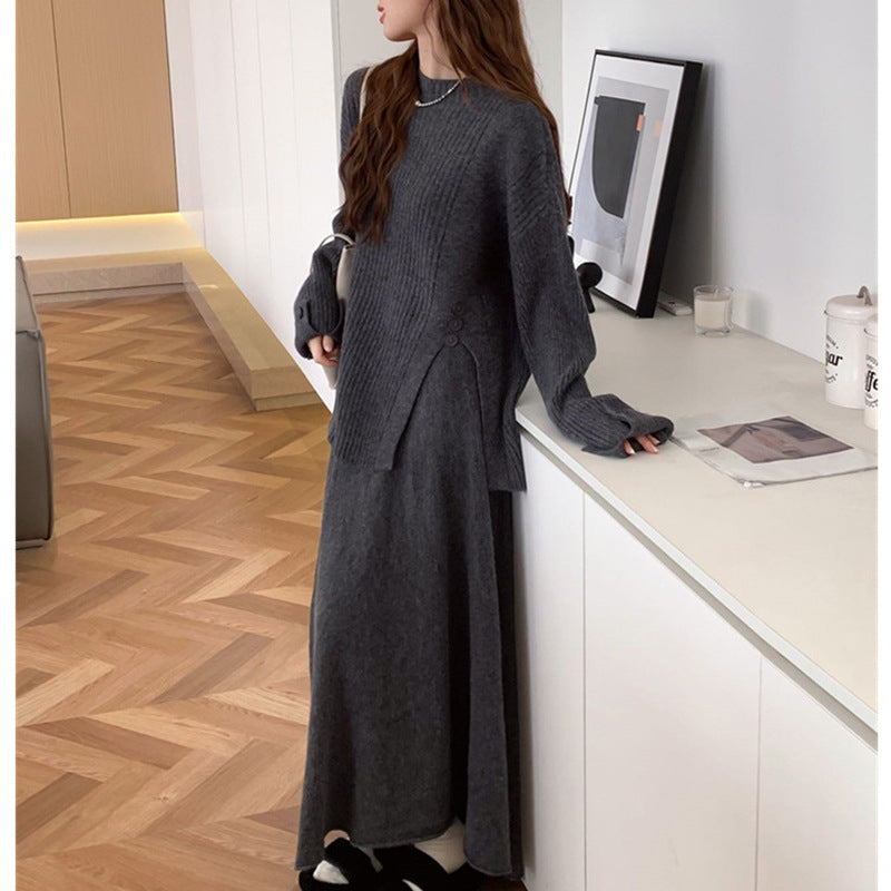 Casual Round Neck Knitted Sweaters & Split Front Skirts