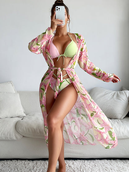 Sexy Floral Print 3 Pcs Bikini Women Swimsuits