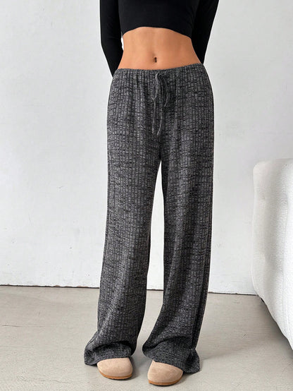 Casual Women Striped Solid Color Pull Rope Cotton Straight Pants