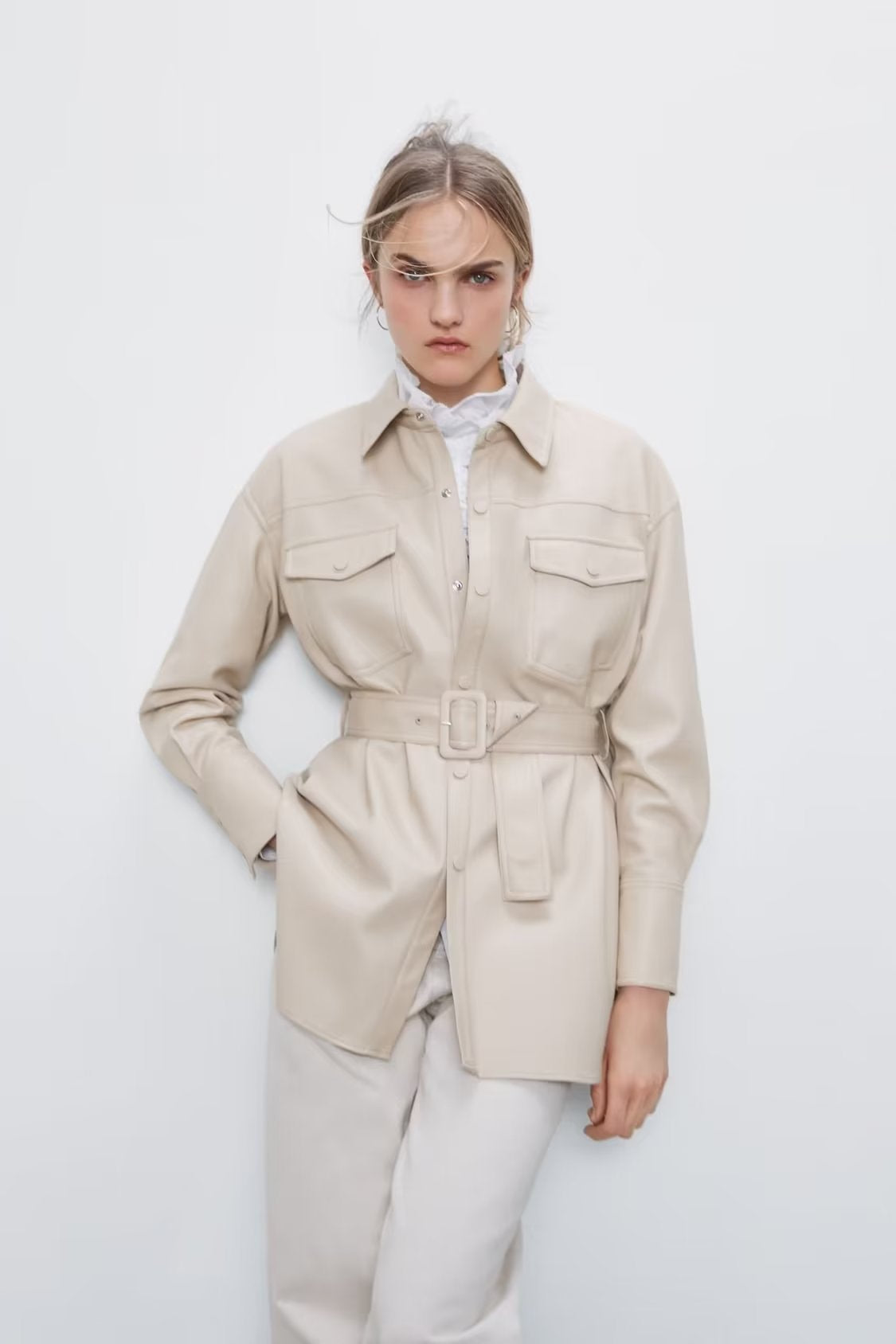 Fashion Casual Pu Leather Jackets Coat with Belt