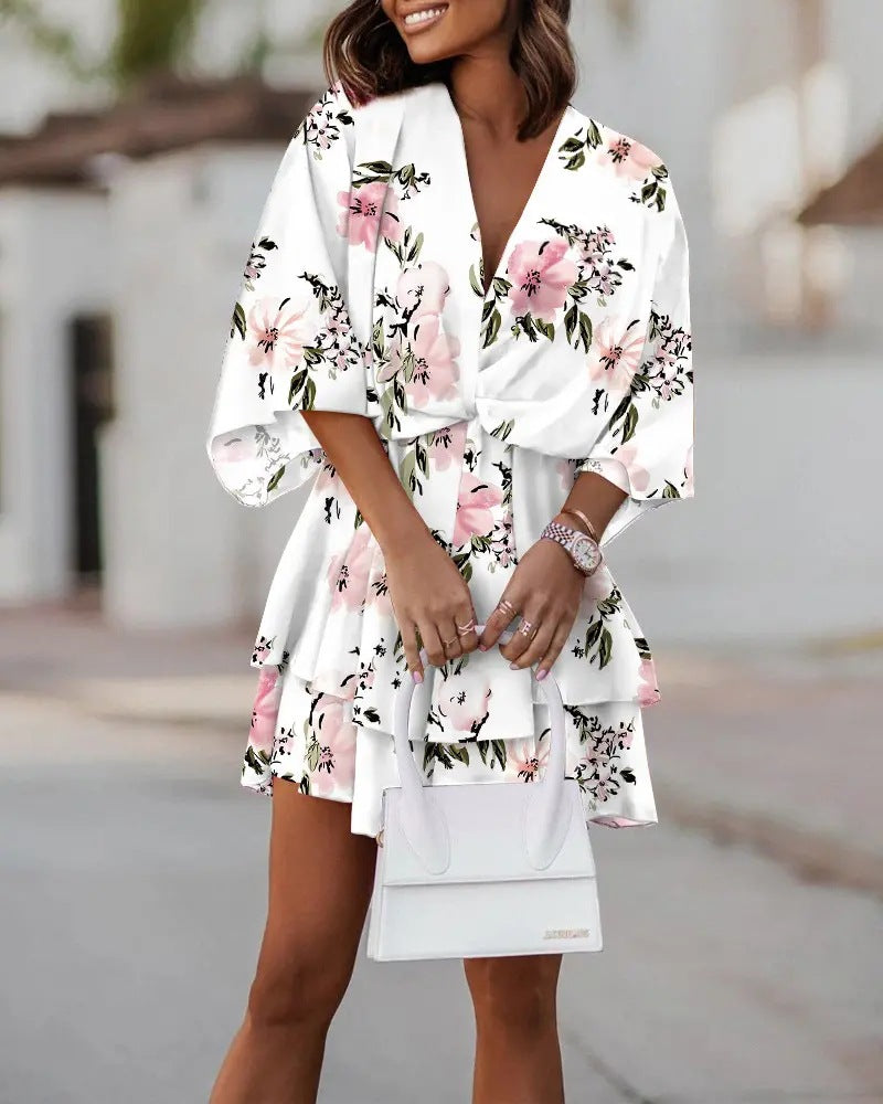 Casual V Neck Bat Sleeves Short Dresses