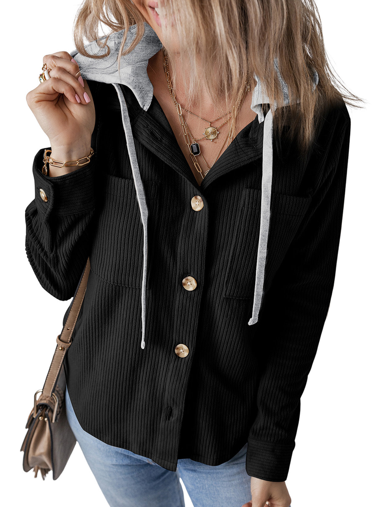 Women Lapel Buckle Cardigan Hooded Pull Rope Striped Jacket Coats