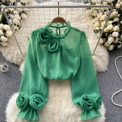 Designed 3D Flowers Chiffon Long Sleeves Shirts