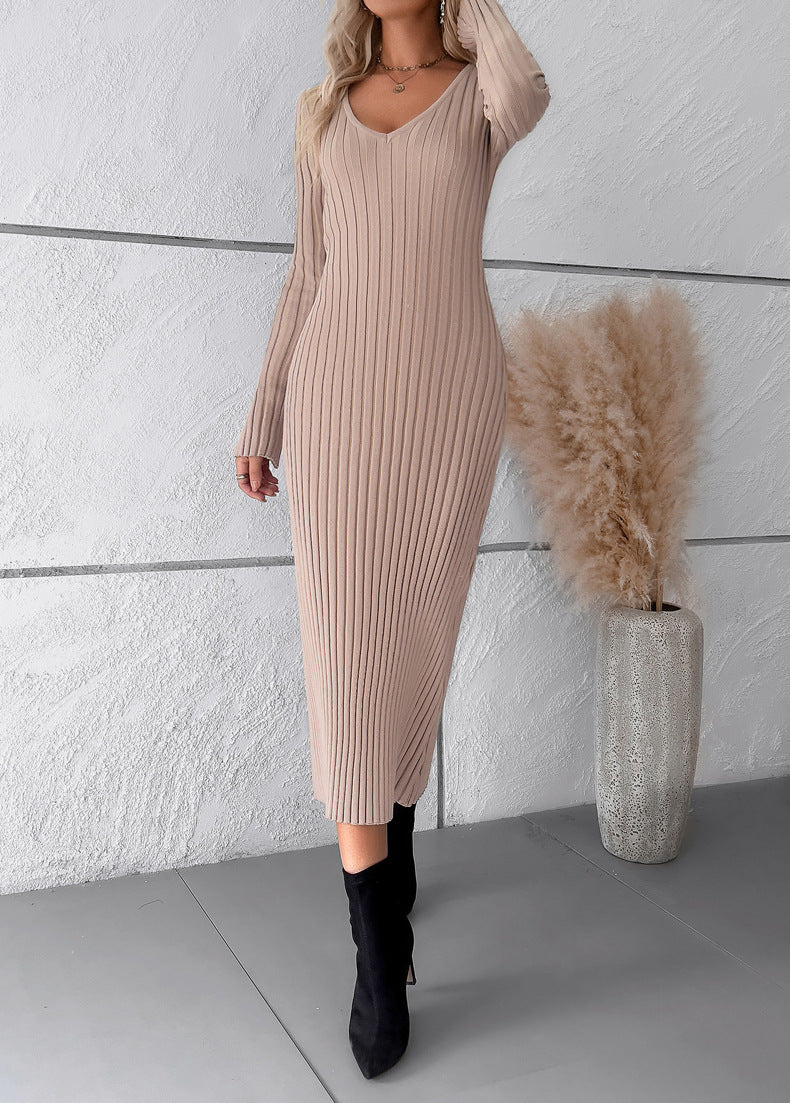 Elegant V Neck Long Sleeves Knitted Dresses