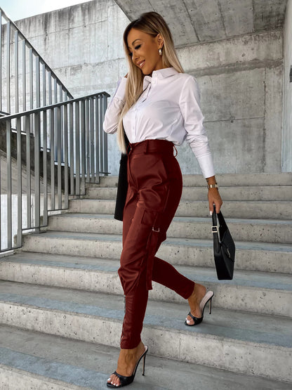 Fashion Pu Leather Slim Waist Women Pants with Pocket
