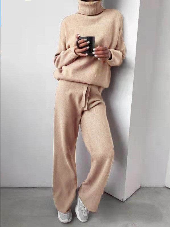 Casual High Neck Two Pieces Knitted Tops & Wide Legs Pants