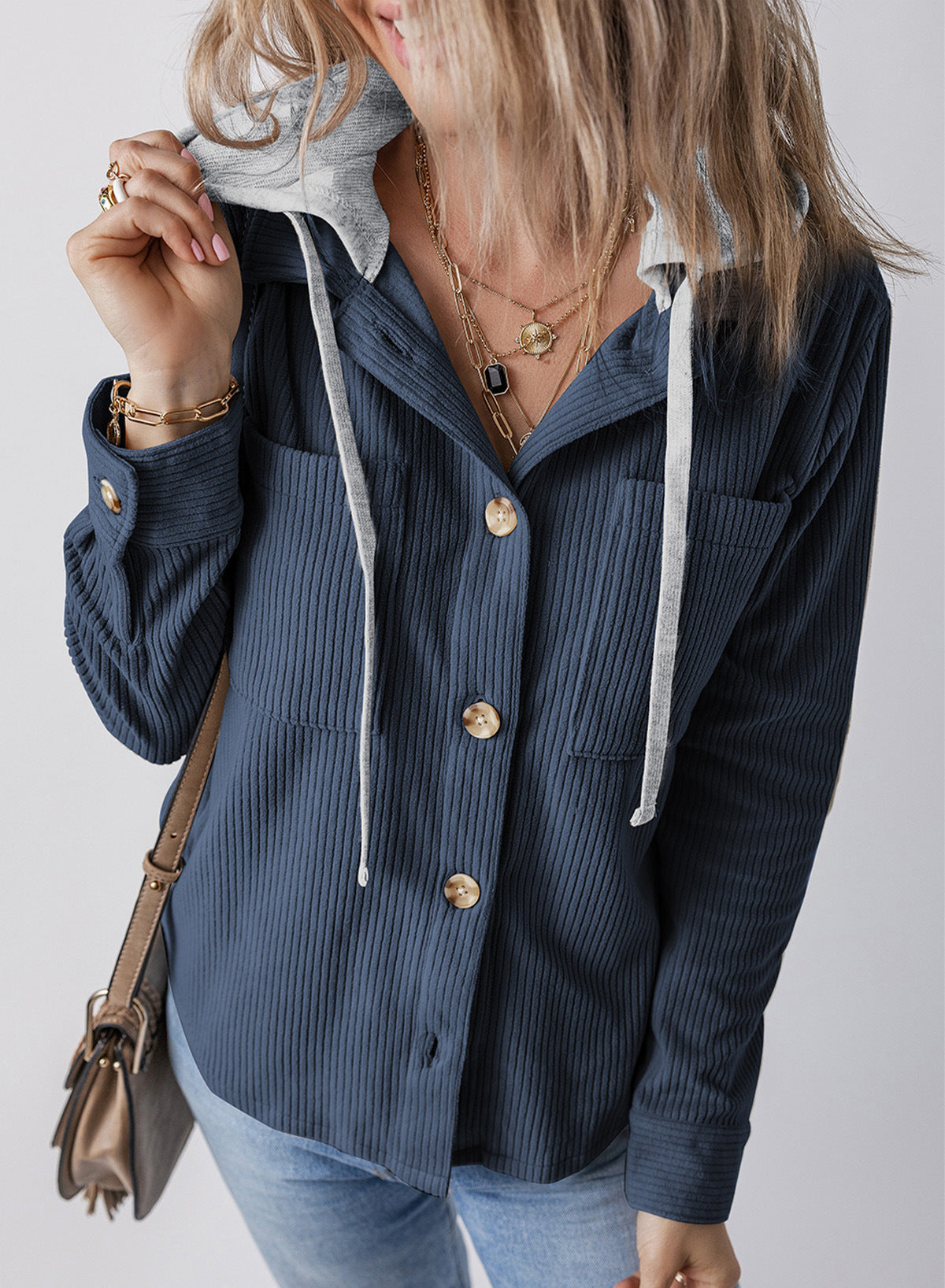Women Lapel Buckle Cardigan Hooded Pull Rope Striped Jacket Coats