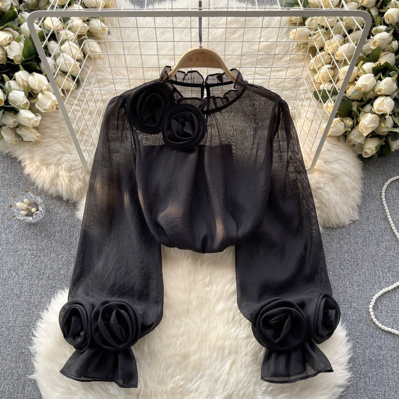 Designed 3D Flowers Chiffon Long Sleeves Shirts