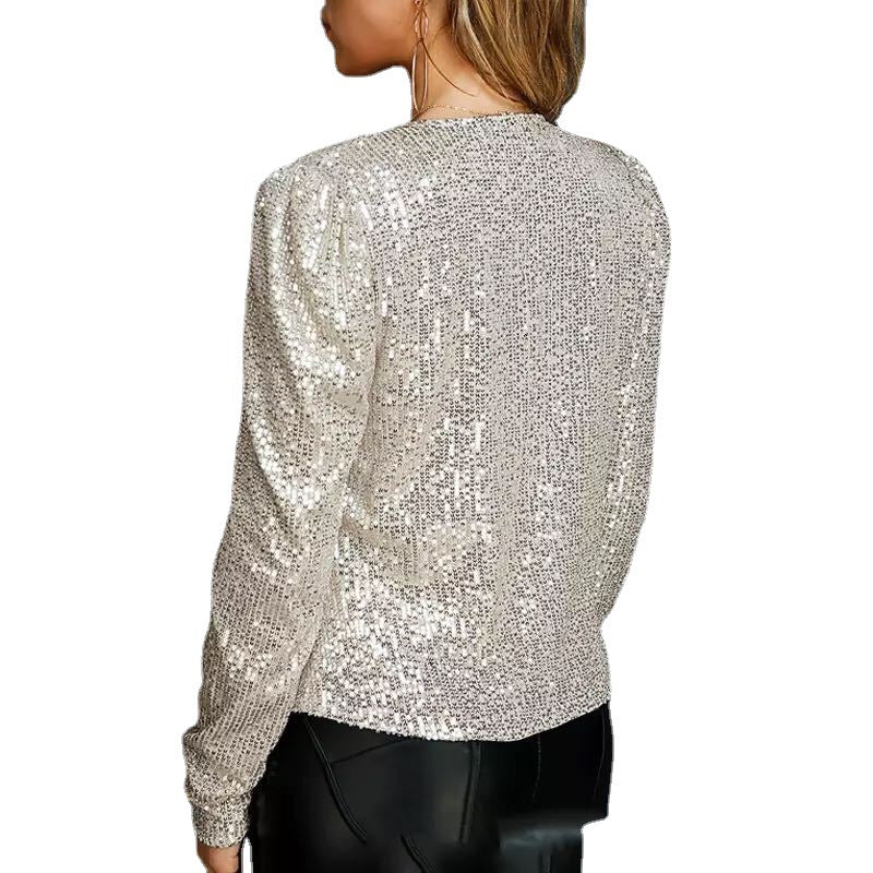 Fashion Stand Collar Sequined Short Coats for Women