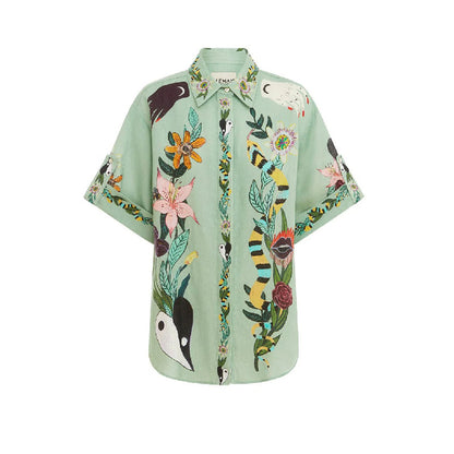 Green Linen Two Pieces Shirts and Short Pants